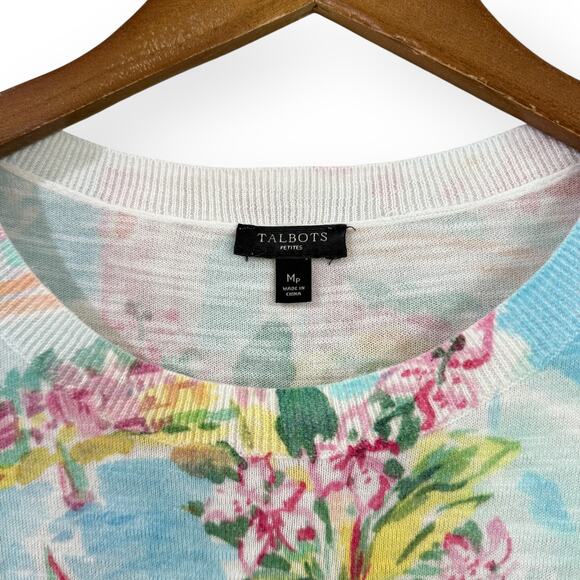 Talbots Sweater Watercolor Painting Cotton Short Sleeve Crewneck Italy Floral MP - Picture 2 of 8